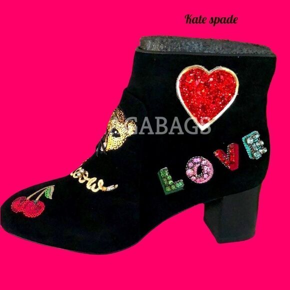 KATE SPADE NIB LIVERPOOL BLACK KID SUEDE ANKLE BOOTS SPARKLY EMBELLISHED SIZE 8M - Picture 6 of 13